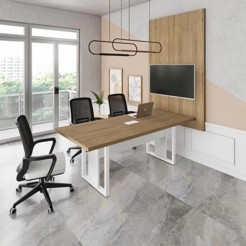 Mesa de Reunião Industrial 200CM com Caixa de Tomadas Painel para TV Macadâmia e Branco F5 Office - OUTRAS MARCAS - Agro