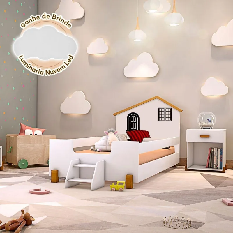 Cama Montessoriana Infantil Solteiro Belissima Preta - Branca E Amêndoa + Luminária Led