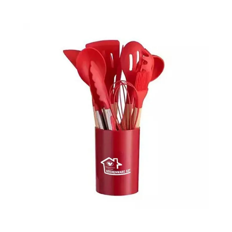 Kit 12 Utensílios De Cozinha Em Silicone E Cabo De Madeira Resistente Ao Calor Vermelho