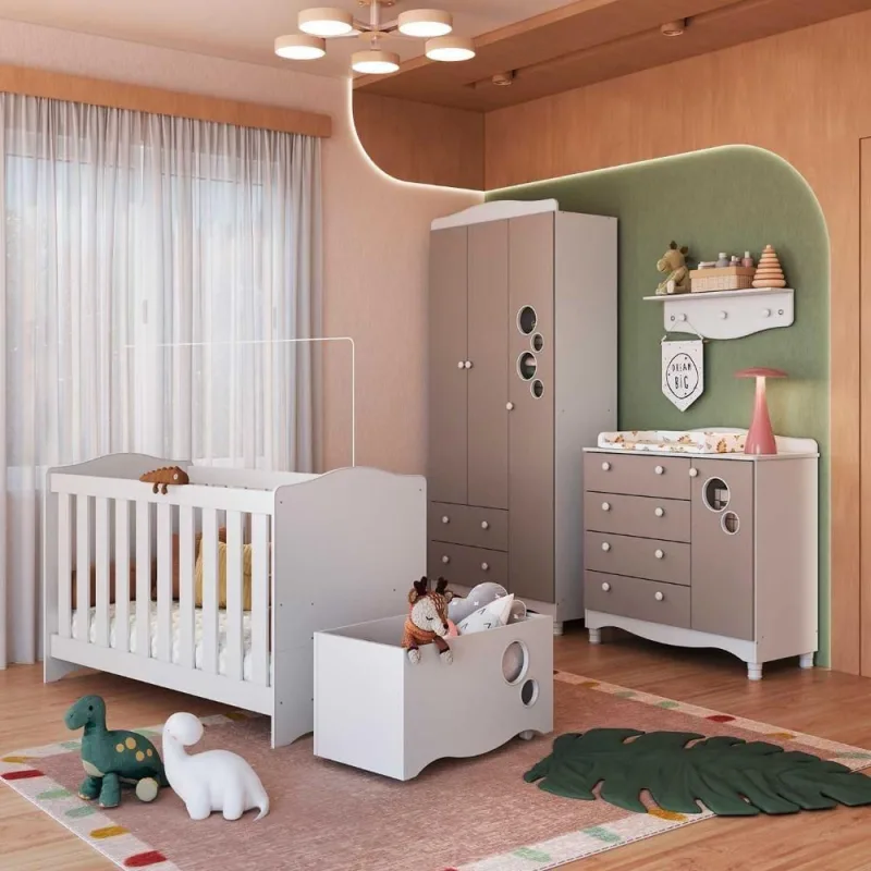 Quarto Infantil 5 Peças com Berço Guarda Roupa Cômoda Prateleira Caixa Organizadora MDP Branco - completa móveis - Agro