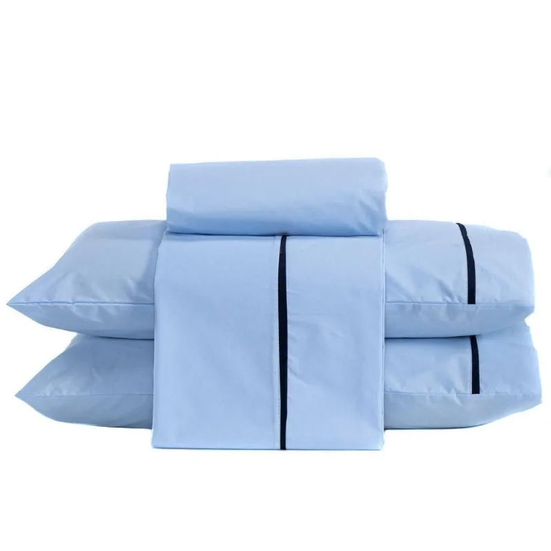 Jogo De Cama Lençol Casal Padrão Milano Liso Com Fronhas Viés 04 Peças - Percal Algodão 200 Fios Cor Azul