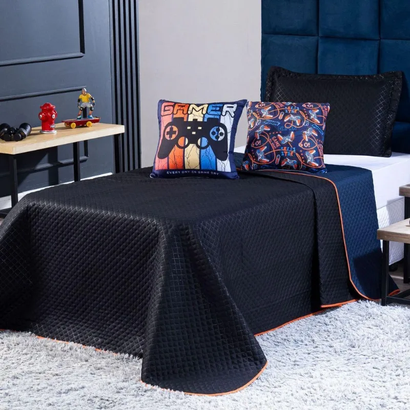 Kit Cobre Leito Colcha Queen Gamer Day Preto/azul Marinho Dupla Face Com Almofadas Estampadas 05 Peças