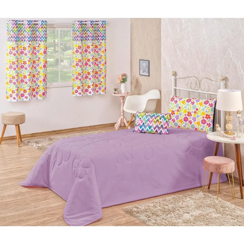 Kit Solteiro Dupla Face Colcha Infantil 4 Peças Lilás