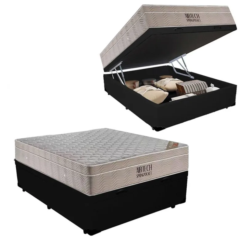 Cama Box com Baú Casal Airtech Pillow Top Molas Ensacadas Courino Preto Ortobom 138CM - Ortobom - Colchões