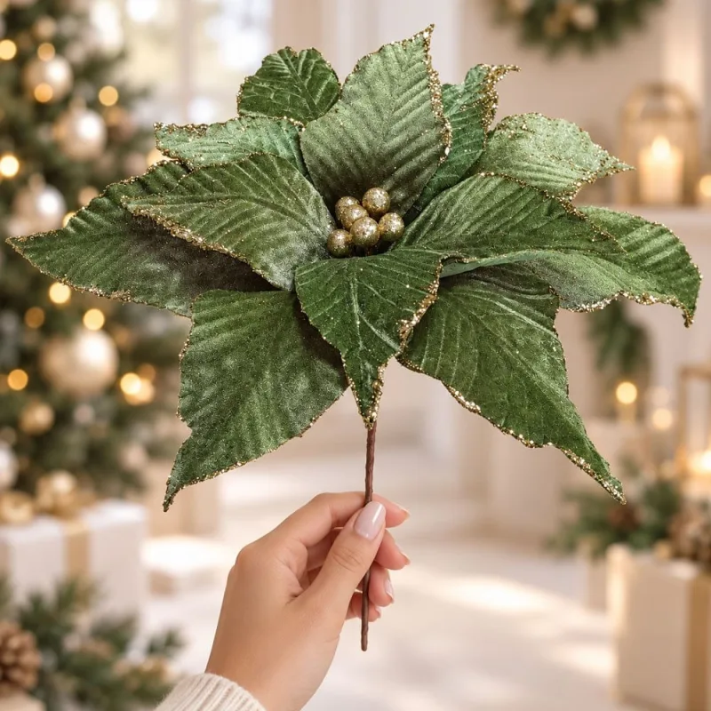 Flor Natalina Poinsetia Verde Enfeite Camurça 36cm Kit 6pçs - Genérico - Natal