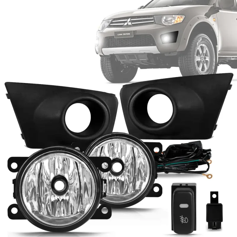 Kit Farol de Milha L200 Triton 2011 a 2013 Auxiliar Neblina Botão Modelo Original - Shocklight