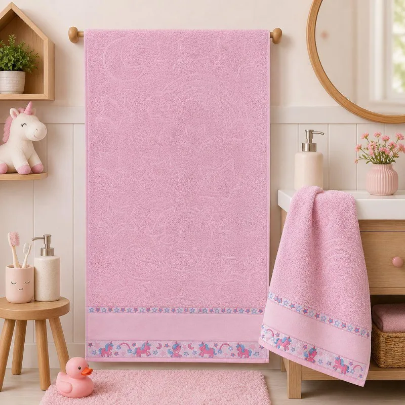 Kit 2 Toalhas Infantil Encantar Banho E Social 95% Algodão Macia Unicórnio Rosa Casa Com Amor
