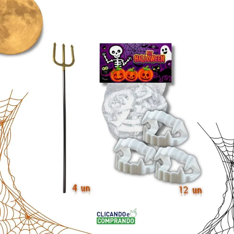 Kit Para Festa De Halloween 4 Tridente Com 12 Dentaduras Fantasia Terror
