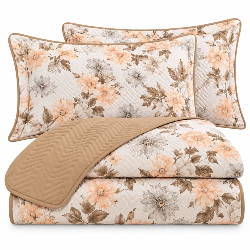 Kit Cobre Leito Floratta Queen Percal 150 Fios Dupla Face Estampado Colcha 3 Peças Floral Bege - Casa Scarpa - Cama, Mesa E Banho