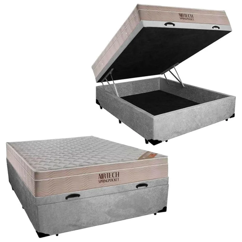 Cama Baú Casal Suede + Colchão Airtech Pillow Top Molas Ensacadas Cinza 138CM Ortobom - ortobom - Agro