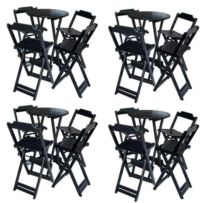 Kit 4 Jogos De Mesa Bistrô De Madeira Com 4 Cadeiras Dobravel Preto - Preto - OUTRAS MARCAS - Agro