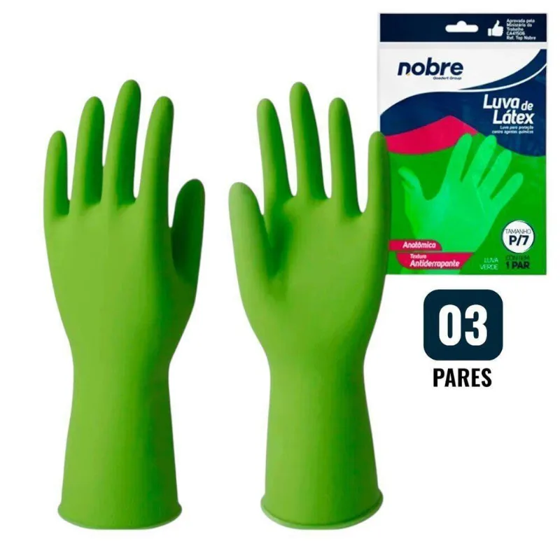 Kit 3 Pares De Luvas Nobre Látex P P- Agentes Químicos Resistente E Segura Verde