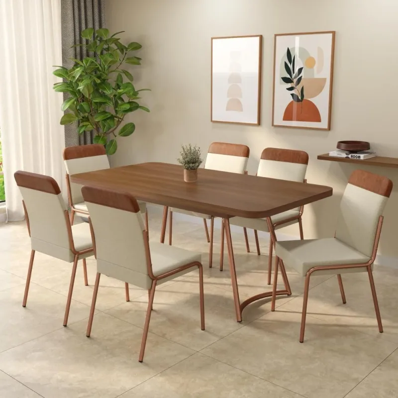 Conjunto Sala de Jantar Azaleia 6 Lugares Tampo MDP Rosê 170CM Móveis Carraro - Móveis Carraro - Móveis