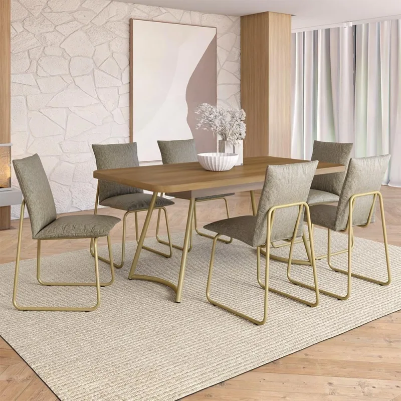 Conjunto Sala de Jantar Amara 6 Lugares Tampo em MDF com Cadeiras em Aço Dourado Móveis Carraro - Móveis Carraro - Móveis