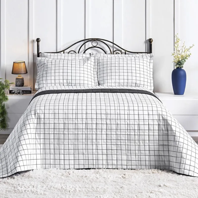 Colcha Cobre Leito King 3 Peças Percal 150 Fios Grid Branco
