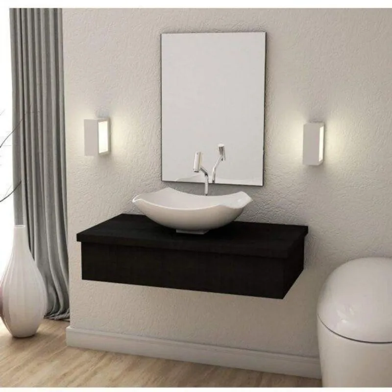 Conjunto Para Banheiro 80cm Cuba Abaulada L42 E Espelheira 801w Metrópole Compace Preto Onix