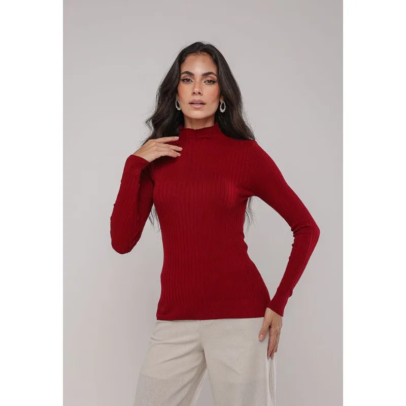 Blusa de Tricot Canelado Gola Alta Vermelho Salvatore Tamanho Único
