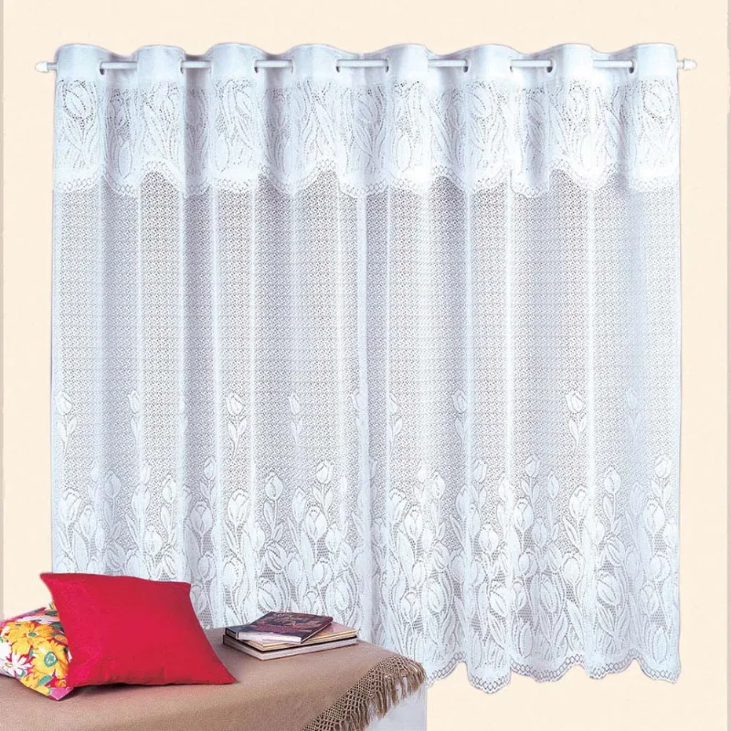 Cortina de Renda - Quarto e Sala - Tulipas - Branco - 4,00m x 2,60m - p/ Varão - Cortilester