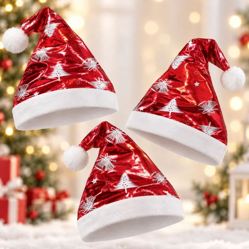 Touca Gorro Papai Noel Enfeite Brilhante Natal 40cm Kit 6pçs