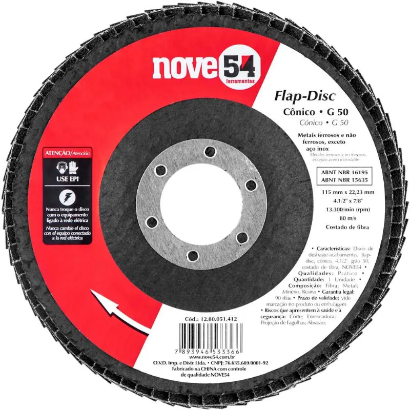 Disco de Lixa Flap Disc Cônico 4.1/2" Grão 50 - NOVE54