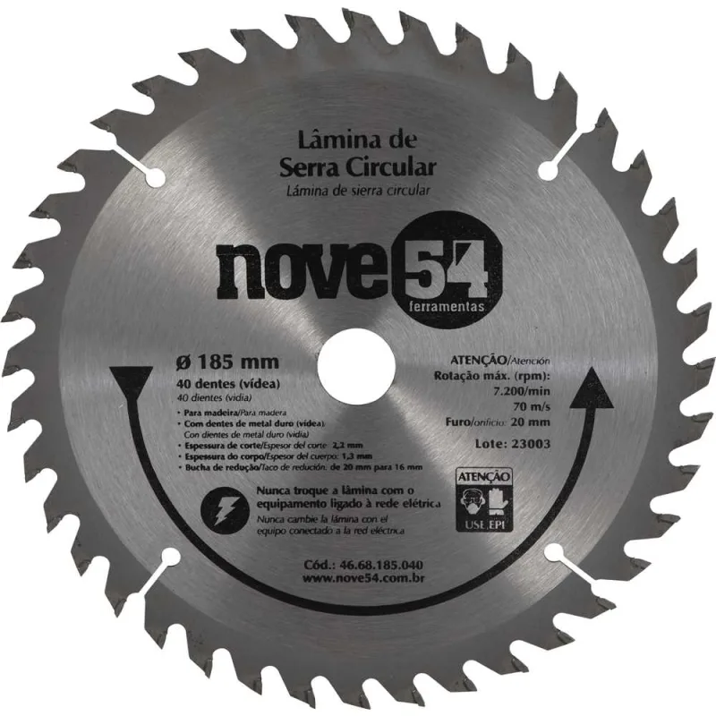 Lâmina de serra circular com 40 dentes de metal duro/vídea 185mmx20mm NOVE54 - NOVE54 - Usinagem E Corte