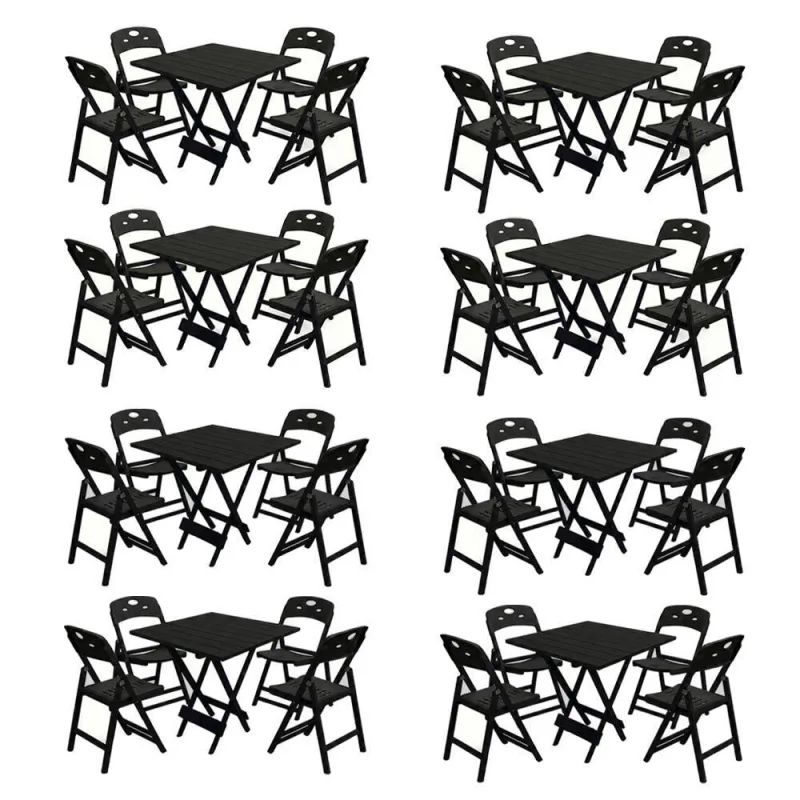 Kit 8 Mesas Dobráveis Elegance 70x70 8 Ripas Madeira com 4 Cadeiras Base Preto Mega Madeira - OUTRAS MARCAS