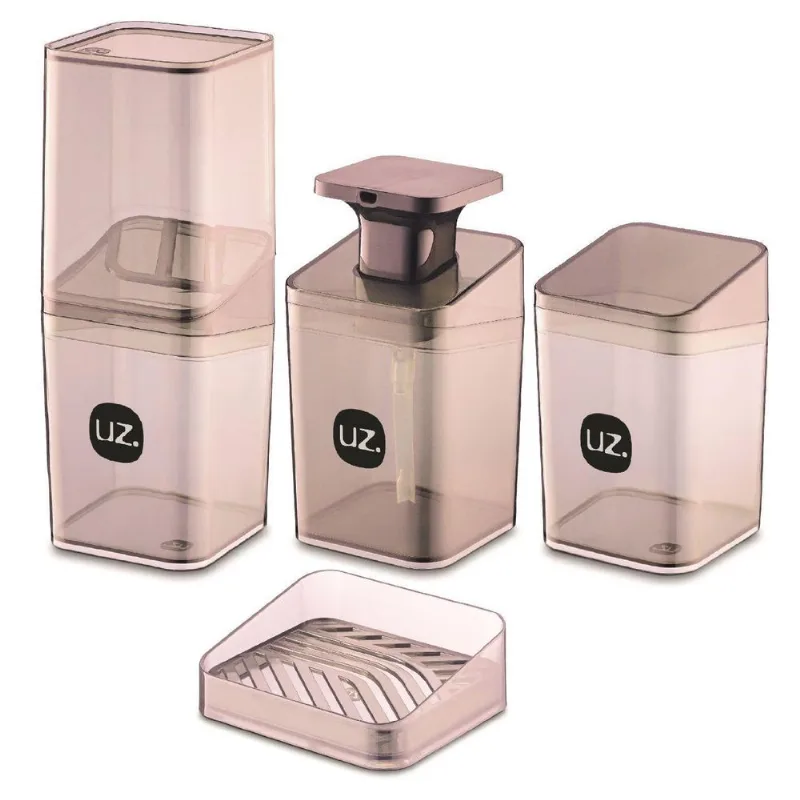 Kit Higiene Banheiro 4 Peças Slim Com Porta Escova Uz Rosê