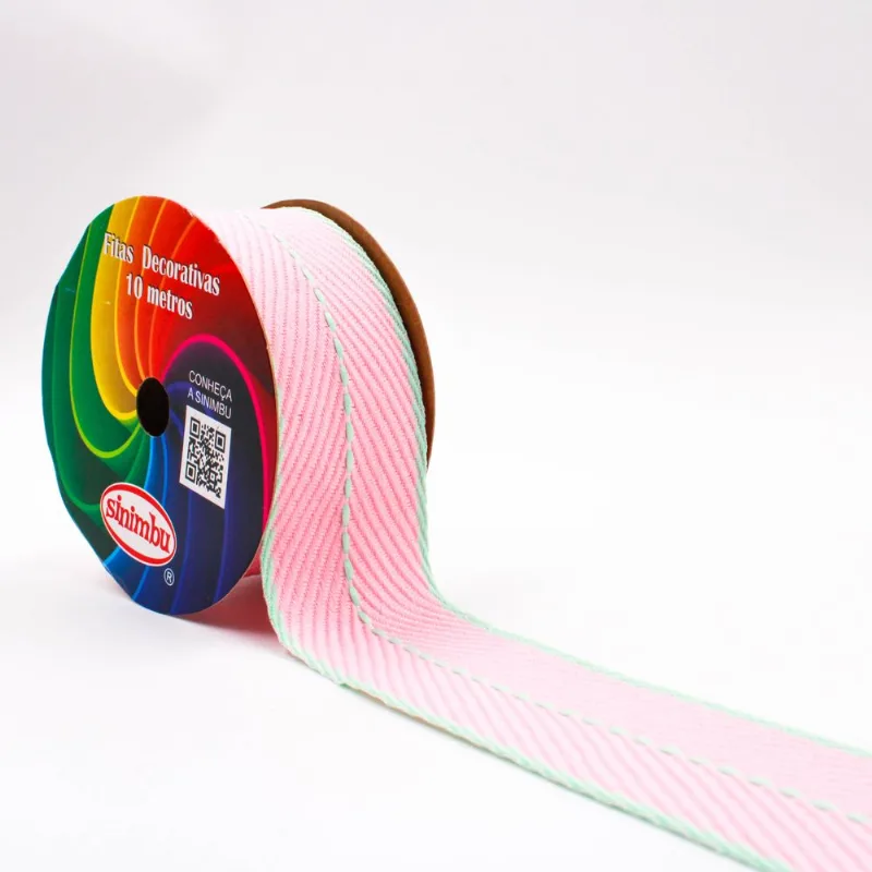 FITA DECORATIVA TEXTURIZADA COM PONTILHADO SINIMBU 1903 38MM 940 - Rosa E Verde