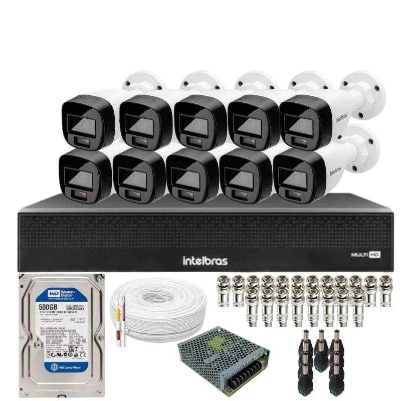 Kit 10 Câmeras Intelbras 1120b Full Color, Dvr 16ch Mhdx 1016c  Hd 500gb - Intelbras