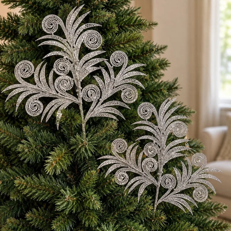 Folha Ramo Galho Natalino Artificial Glitter Prata 70cm - Genérico - Natal