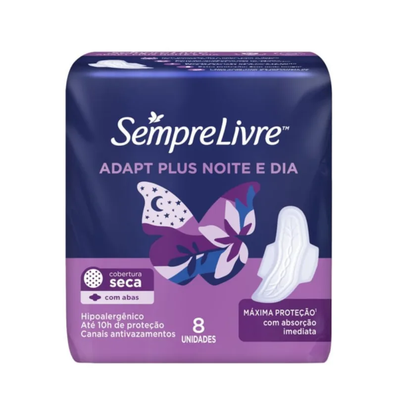 Kit c/9 Absorvente Sempre Livre Adapt Plus Noturno Seca c/ Abas 8 unidades