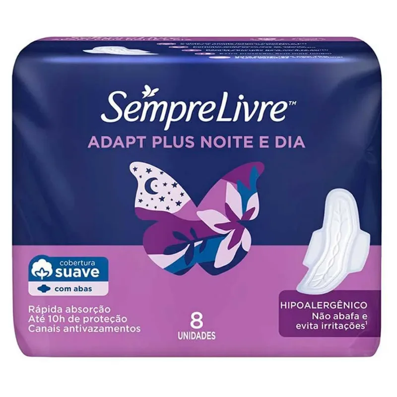 Kit c/9 Absorvente Sempre Livre Adapt Plus Noite e Dia Suave Com Abas com 8 unidades