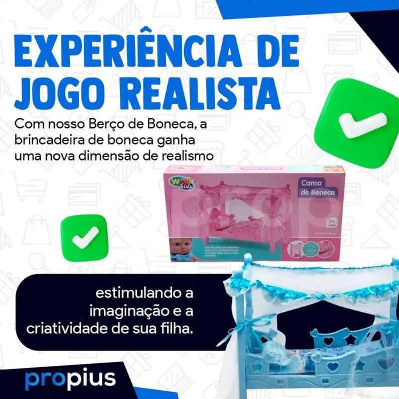 Berço Boneca Colchão Mosqueteiro Azul Bercinho Menino Mini