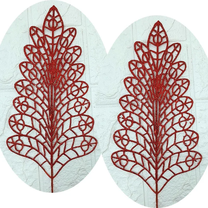 Folhas Flores Árvore Natal Gliter Vermelho Kit 12pçs De 40cm