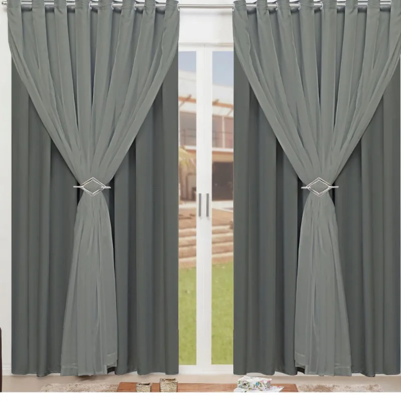 Cortina para Sala Blackout Tecido com Voial + Presilha Cromada 4,00m X 2,60m Moderna