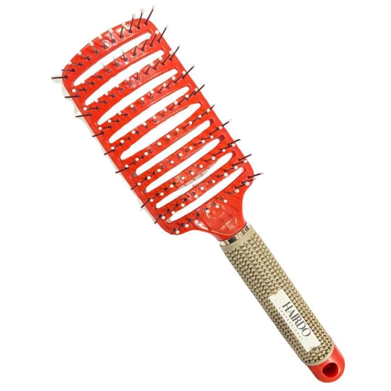 Escova Raquete Vazada Curva Desembaraça Cabelo Vermelha