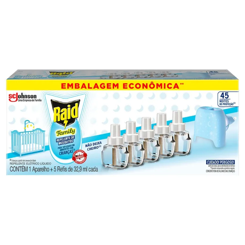 Kit 1 Aparelho + 5 Refis Repelentes Elétricos 45 Noites Raid Family 32,9ml Cada Embalagem Econômica
