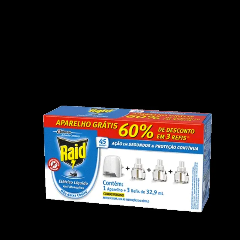 Inseticida Elétrico Líquido Raid Kit com 1 Aparelho + 3 Refis de 32,9ml
