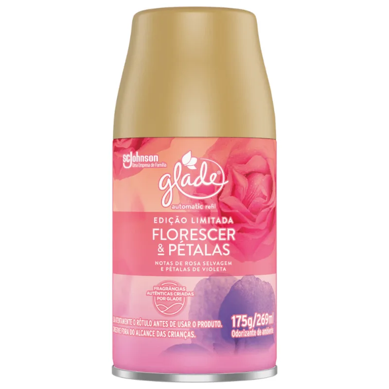 Odorizador de Ambiente Florescer & Pétalas Notas de Rosa Selvagem e Pétalas de Violeta Glade Automatic Frasco 269ml Spray Refil Edição Limitada