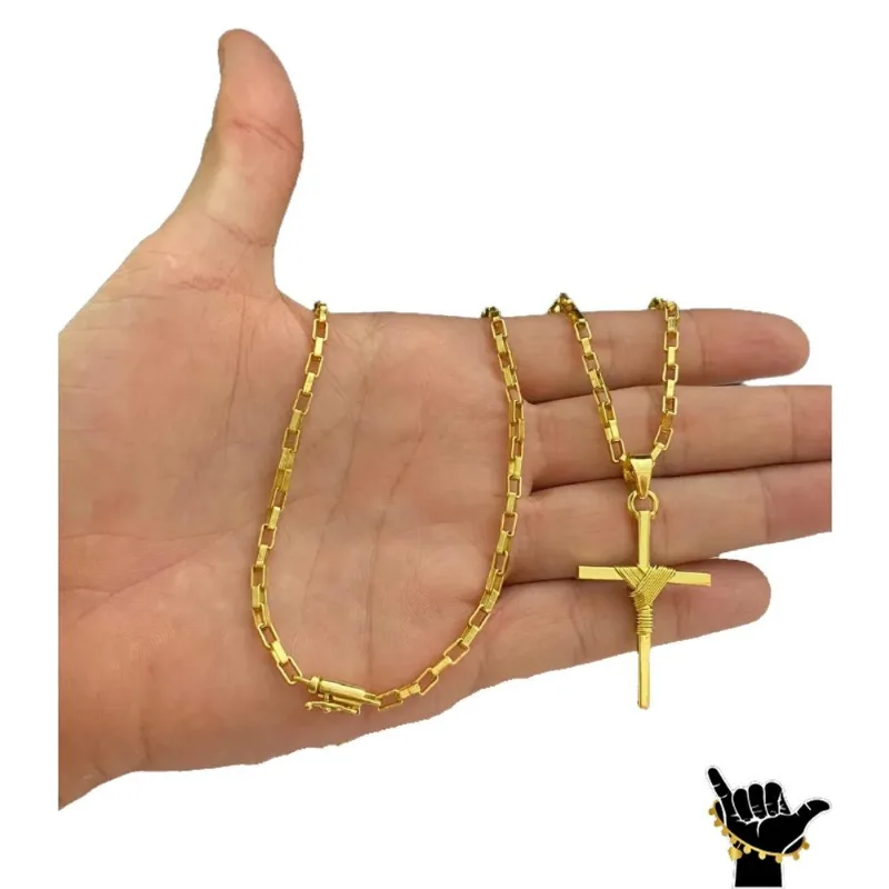 Corrente Tijolinho 3mm + Pingente Cruz Fio - Banhado a Ouro