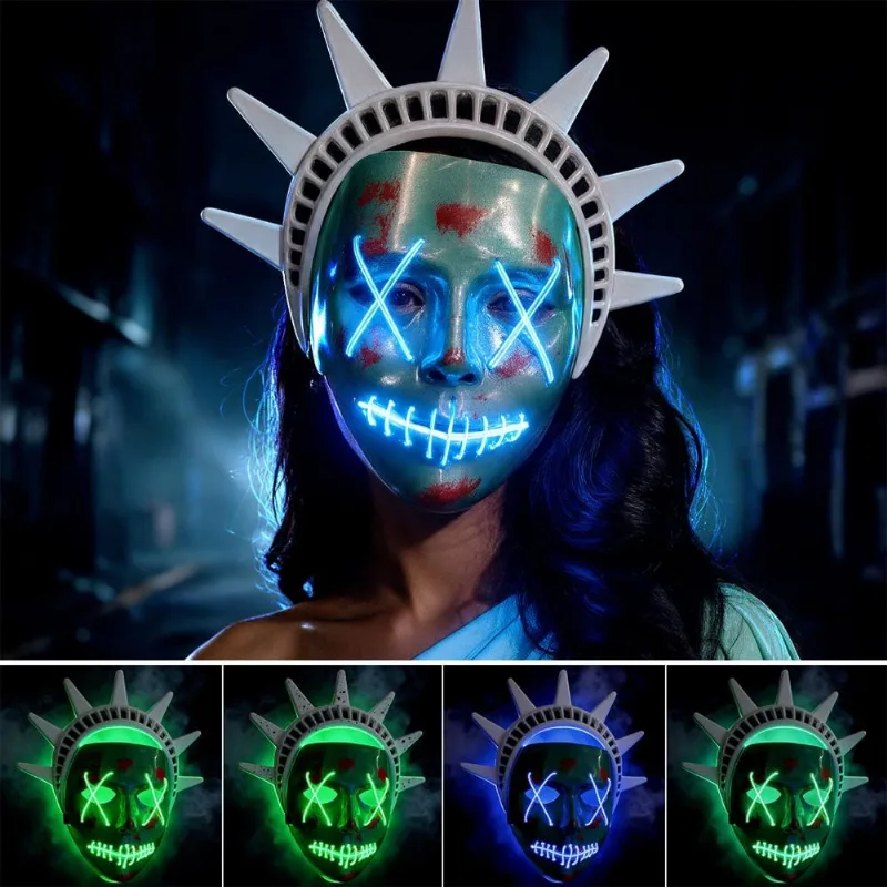 Máscara Estátua Liberdade Purge com LED para Fantasia de Halloween Azul Claro