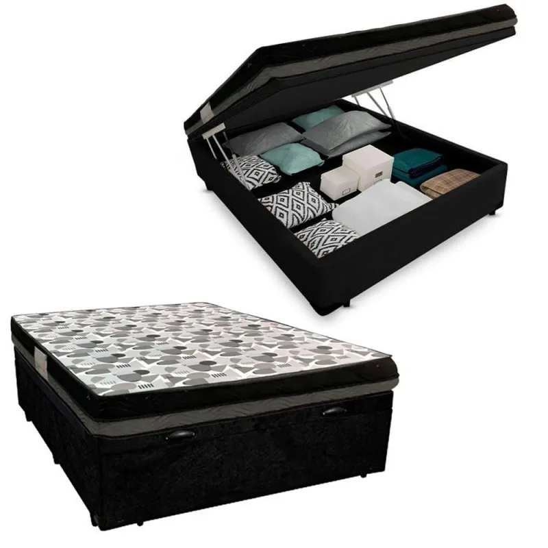 Cama Box com Baú Casal Suede + Colchão Iso Dupla Face Híbrido Pillow Top Branco 138CM Ortobom - Ortobom - Colchões