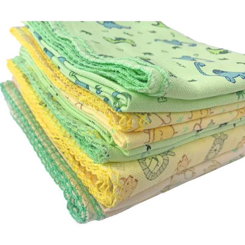 Kit 5 Cueiro Flanelado Estampado 80X80Cm Com Crochê Neutro