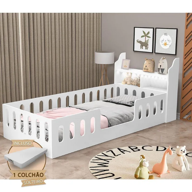 Cama Infantil Montessoriana Helo Solteiro Com Colchão + Nicho E Led Branca - Cor: Branco