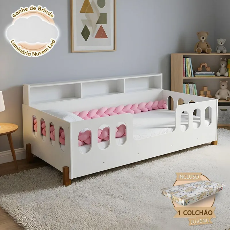Kit Cama Infantil Nina Mdf Com Colchão Enxoval E Luminária Nuvem Led Branco Bran