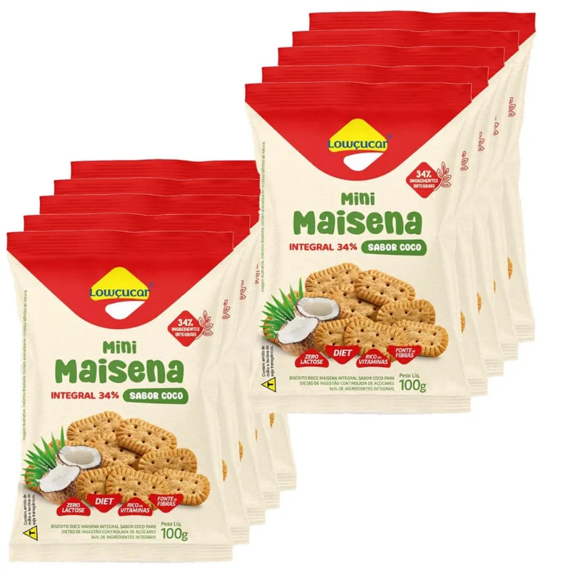 Kit c/ 10und Mini Maisena Integral Coco Zero lowçúcar 100g