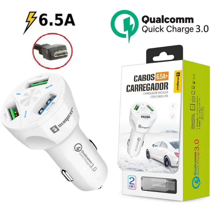 Carregador Veicular Turbo V8 Sumexr Para Celular Samsung S3, S4, S5