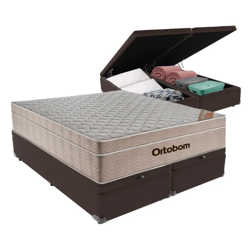 Airtech Colchão Ortobom Queen Com Baú Bege Marrom