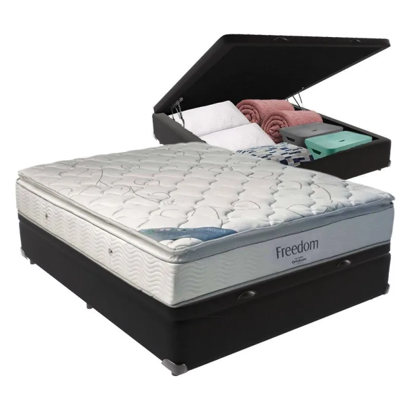Cama Box com Baú Casal Freedom Pillow Top Molas Ensacadas Preto Ortobom 138CM - Ortobom - Colchões