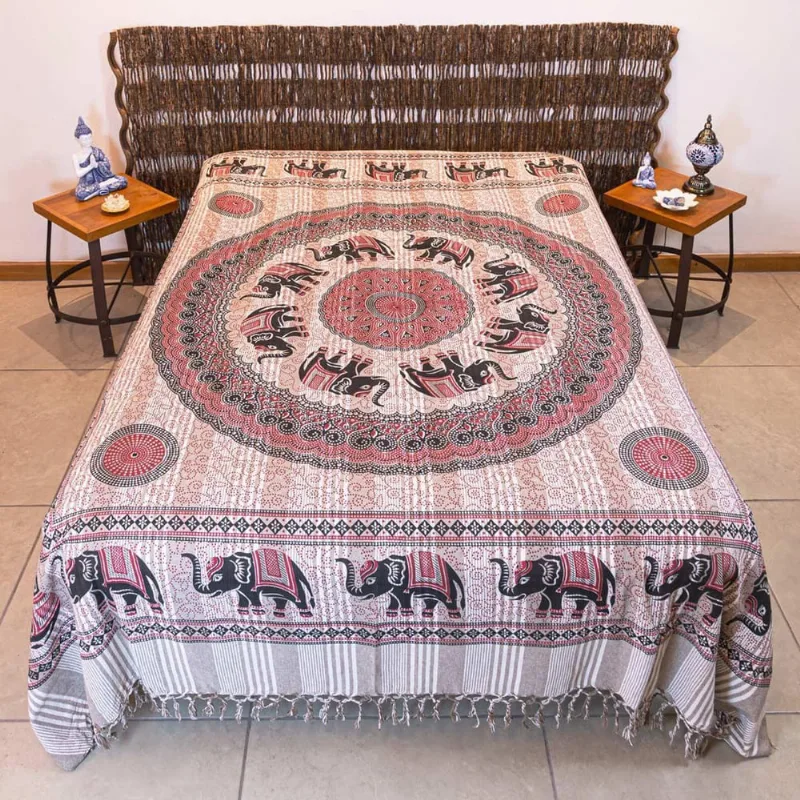 Colcha Indiana Franjas Casal Mandala Elefantes 100% Algodão